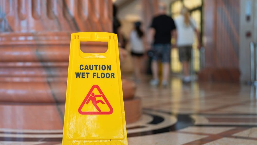 Señal amarilla de precaución por piso mojado en un establecimiento comercial en Florida, ilustrando una condición peligrosa para los visitantes
